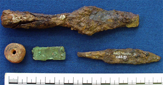 Spearhead, knife, bead and binding (AN1966.77-79)
